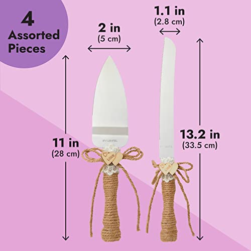 4 Piece Rustic Wedding Cake Knife And Server Set With Champagne Glasses For Bride And Groom, Jute Handles, Wood Heart And Burlap Lace Design, Farmhouse, Country Theme Reception Supplies #TOP3