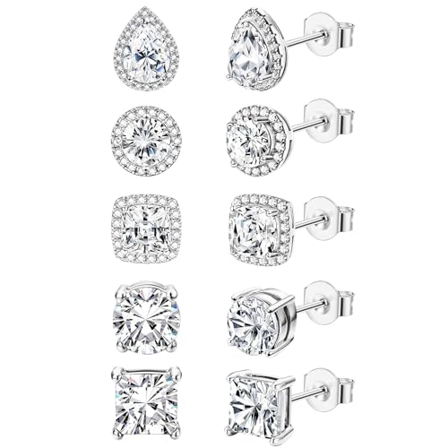 5 Pairs Cubic Zirconia Sterling Silver Stud Earrings for Women,14K Small Gold Plated Tiny Stud Earrings Set for Multiple Piercing Cartilage Hypoallergenic Earrings For Men
