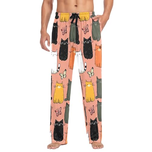 Men's Pajama Bottom Cats Butterflies Cartoon Cotton Pajama Pants Drawstring Sleepwear Long Pants Pockets2