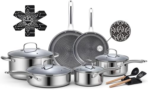 Ammeloo 17 Pcs Nonstick Stainless Steel Cookware Set, Hybrid Stai...
