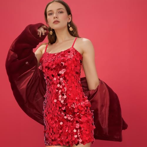 Image of Waist Wow Sequin Dress for Women Spaghetti Strap Sexy Dresses Glitter Sparkly Mini Dress