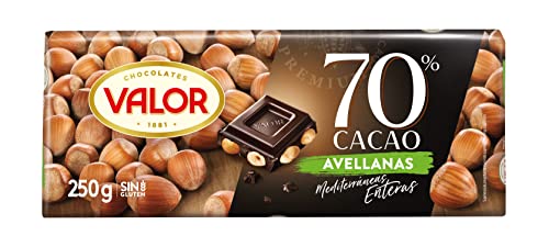 Valor - Chocolate Negro 70% con Avellanas Mediterráneas Enteras. Chocolate Valor sin Gluten. Intenso Sabor y Aroma. Apto para Celiacos - 250 Gramos