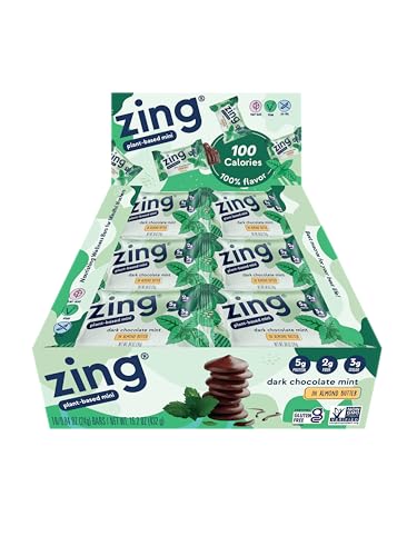 Image of Zing Dark Chocolate Mint Kids Protein Bars, Gluten Free 100 Calorie Mini Bars with High Protein, Vegan Nutrition Bars, Dairy Free Plant Based Protein, Kosher, Low Sugar, No Sugar Alcohols-18 count