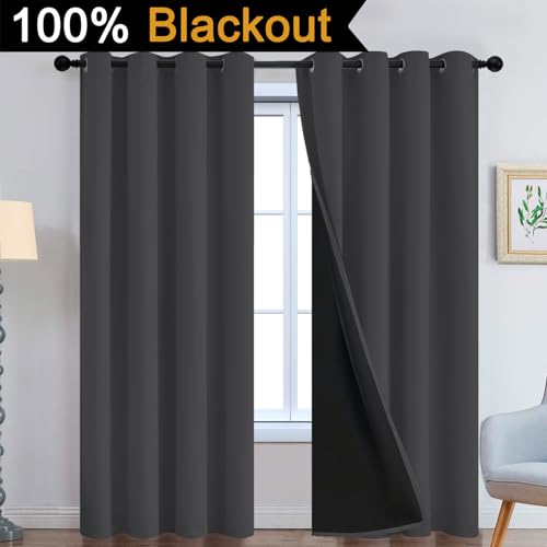 Image of Yakamok Charcoal Grey 100% Blackout Curtains 84 Inches Long 52 inch Wide 2 PCS | Blackout Curtain Panels for Bedroom, 2 Thick Layers Grommet Top Thermal Insulated Drapes with Black Liner for Living Room