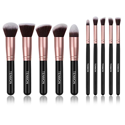Tenmon 10 PCS Makeup Brush Set, Eye Shadow Foundation Liquid Eyebrow Pencil Concealer Blush Lip Brush Mixed Makeup Brush Set (Rose Gold)