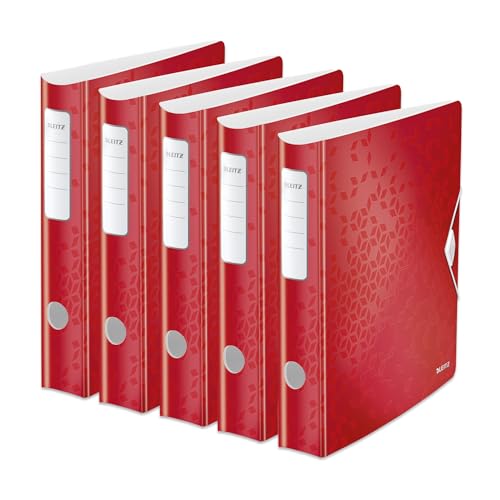 Leitz Qualitäts-Ordner 180° Active WOW, 5er Pack, A4, Schmal, abgerundeter Rücken, 6,5 cm breit, Gummibandverschluss, wasser- und schmutzabweisendes Polyfoam, Innentaschen, WOW Serie, Rot, 11070026