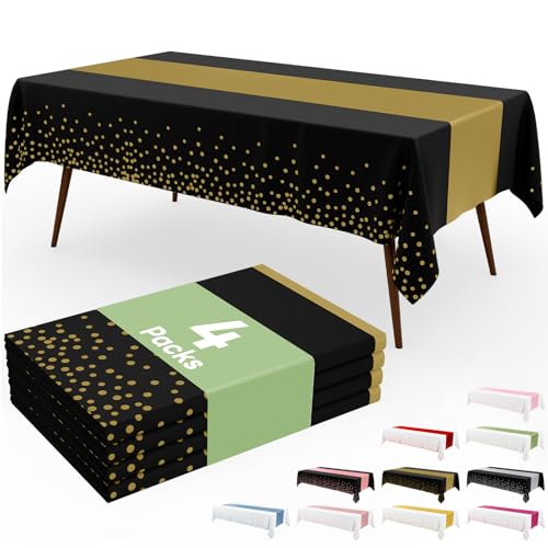 Image of Smiry Plastic Table Cloth Disposable 4 Pack, 54 x 108 Inch Rectangle Waterproof Tablecloth, Printed Gold Table Runner Style for Birthday Weeding, Party Decorations, Leakproof & Sturdy, Black and Gold
