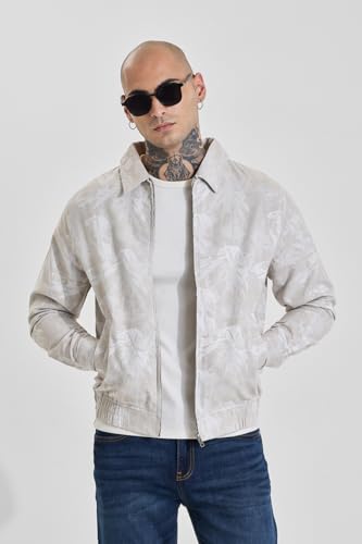 Image of SNITCH Men Casual Jacket | Regular Fit Classic Collar Full Sleeve Leaf Pattern | Cotton Blend Zippered Closure Machine Washable