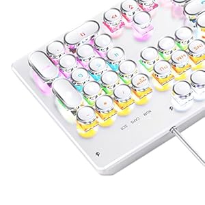 Basaltech Typewriter Keyboard, Mechanical Keyboard with Rainbow LED Backlit, Steampunk Keyboard with 104-Keys Round Keycaps, Blue Switch Wired Keyboard for Computer or Mac, White
