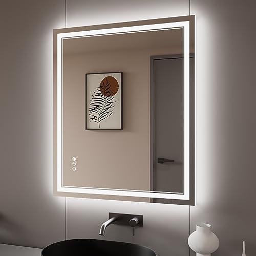 30x36 Inch LED Bathroom Mirror with Lights, Backlit and Front Lighted Bathroom Mirrors for Wall, Anti-Fog Dimmable Memory Shatterproof LED Vanity Mirror for Bathroom