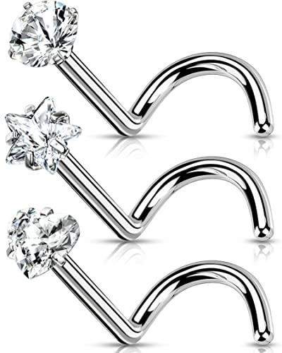 OUFER Solid Titanium Nose Rings Screw Pack 20G Nose Stud 2mm 3mm Clear CZ Star Heart Body Piercings Jewellery for Women Nose Earrings, 20G/0.8mm, 7mm x 3mm, Titanium,Metal