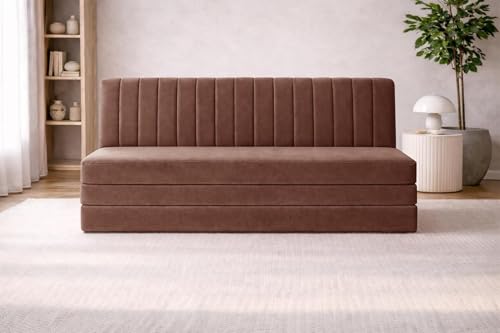 Image of Rosebell 5x6-Three Seater Upholstered Armless Sofa Cum Bed with Backrest | Soft Velvet Fabric Finish | Modern Living Room & Bedroom -Brown-Color