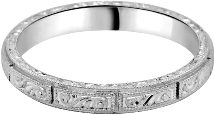 Art Deco Wedding Eternity Carved Scroll Milgrain Filigree Artistic Design Engagement Ring For Women 14K White Gold Plated 925 Sterling Silver Handcrafted Anniversary Stackable Band