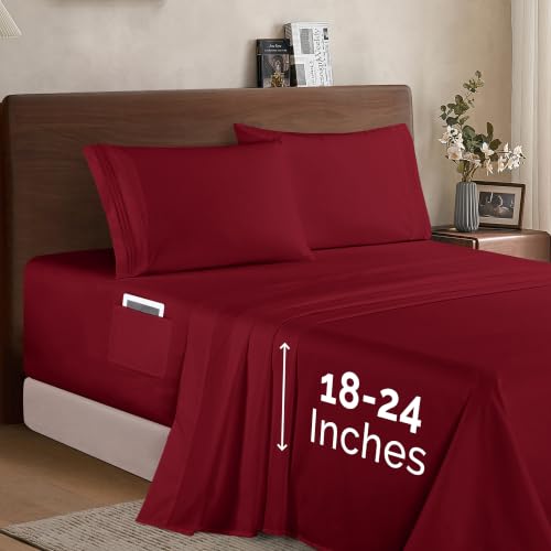 Image of Elegant Comfort Luxury 1500 Premium Hotel Quality Microfiber 4-Piece Sheet Set - Soft, All Around Elastic 18-24 Inches Deep Fitted Sheet - Extra Deep Pocket Sheets, Twin /Twin XL, Burgundy