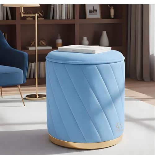 Image of Luxury Round Velvet Ottoman Stool with Gold Base - Modern Upholstered Footrest Pouffe, Tufted Vanity Seat, Living Room Bedroom Dressing Stool (Sky Blue)