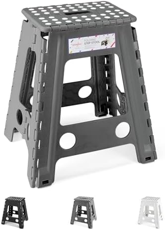 HOUSE DAY Klapphocker 43 cm, Tritthocker Klappbar für Erwachsene, Grau | Hoher Tritthocker mit rutschfester Trittfläche, Tragegriff, Hocker Klappbar bis 136 kg, – für Küche, Hausha