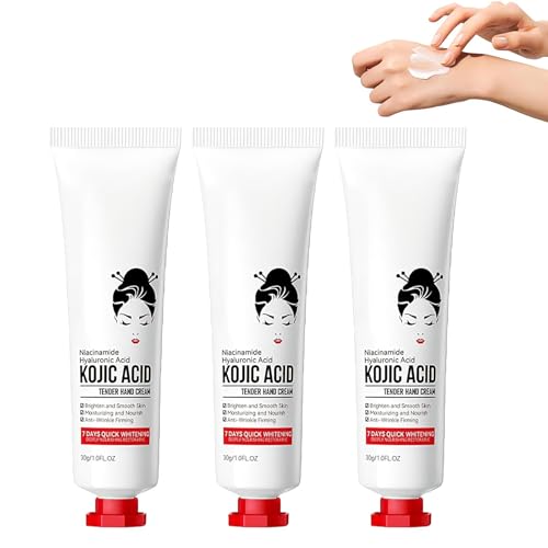 3 Unidades Crema de Manos con Ácido Kójico para Manchas Oscuras, Crema Blanqueadora e Hidratante, Tratamiento Despigmentante para Manchas de la Edad y Daños Solares, Cuidado Antienvejecimiento, 90g