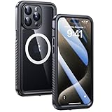 Lanhiem Magnetic for iPhone 15 Pro Waterproof Case, Dustproof Case Built-in Screen Protector & Camera Protection [Compatible with MagSafe], Full Body Heavy Duty Clear Phone Cover for 15 Pro (Black)