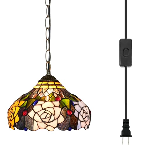Blivuself Lámparas colgantes Tiffany con flores de rosa, lámpara colgante de cristal tintado de 12 pulgadas, estilo antiguo, enchufable, para hogar, isla de cocina, comedor, salón, pasillo, barra