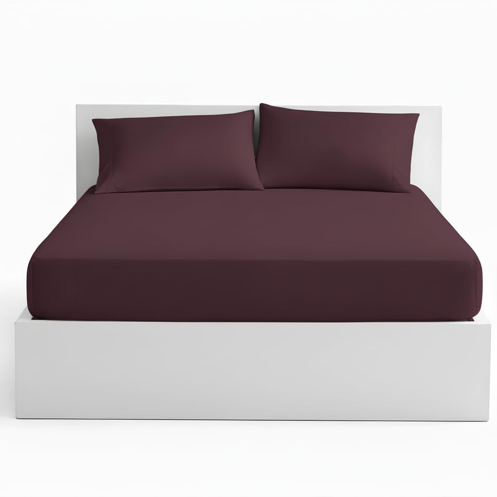Linen Tribe Plain Dyed Fitted Sheets With Matching Pillow Cases 40cm (16inches) Deep Pocket Percale Non Iron Anti Allergy 2 Piece Bed Sheet Set (Plum, Double)