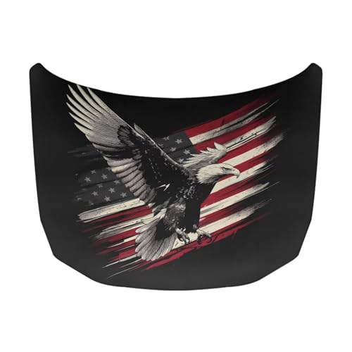 Image of Eagle American Flag Print Car Hood Cover 59x39 Inch Auto Hood Wrap Blankets Stretchable Waterproof Automotive Exterior Accessories for Compact Sedans SUVs Trucks Vans