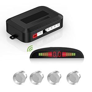Einparkhilfe Kabellos Bausatz,Rückfahrradarsystem mit 4 PDC Sensor, Kabellose LED-Entfernungsanzeige mit akustischer Warnung + 4 Silber Farbe Einparkhilfe Hinten Für Auto Vans RV Trailer