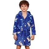 DNggAND Boys Girls Bathrobes,Toddler Boy Girl Robes,Children's Plush Soft Coral Fleece Hooded Pajamas Sleepwear for Kids Shark 13-14Y