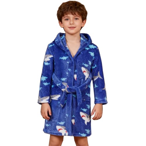 Image of Boys Girls Bathrobes,Toddler Boy Girl Robes,Children's Plush Soft Coral Fleece Hooded Pajamas Sleepwear for Kids