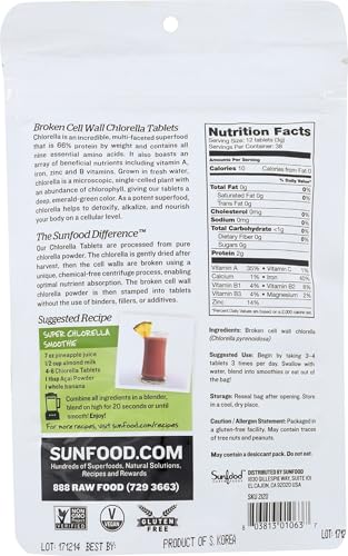 Sunfood Superfoods Broken Cell Wall Chlorella Tablets