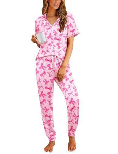 Ekouaer Women Pajama Set Short Sleeve Button Down Pjs Soft Comfy Sleepwear Nightwear with Jogger Pants Pink Bow M