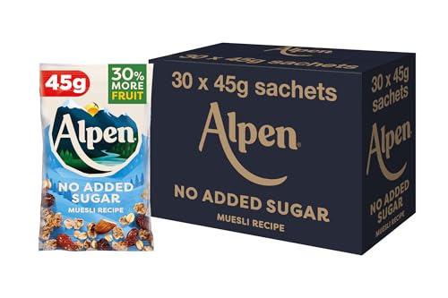Alpen No Added Sugar Muesli Breakfast High in Fibre Vegetarian Low Sugar (Pack of 30) 45g