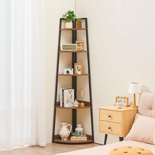 Image of VEVOR 5 Tier Corner Shelf, Tall Corner Bookshelf Plant Rack, Wall Shelves Tower Storage Organizer with Metal Frame & Wooden Shelves, Narrow Display Book Shelf Rack for Bedroom, Living Room, Office