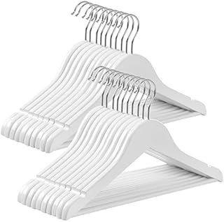 SONGMICS Wieszak na ubrania dziecięce, zestaw 20 wieszaków na ubrania dla dzieci, 35 cm długie wieszaki z drewna, lite drewno, z antypoślizgowym drążkiem i wcięciami, hak obracany o 360°, biały