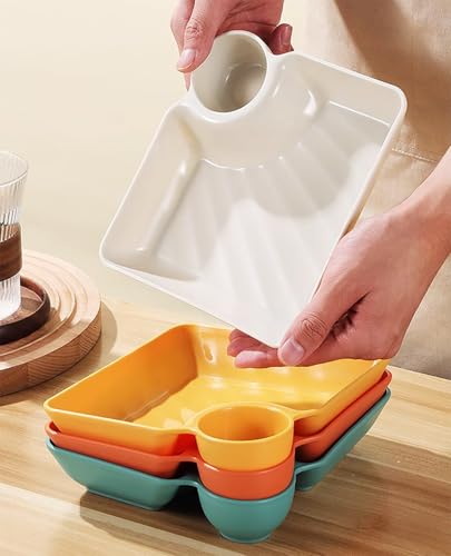 Orrdiffi 2 in 1 Snackschale und Dipschalen 4 Stück Servierplatten Nacho Teller 18.7 x 17 x 3.5cm Tapas Schalen Servierschalen Set für Vorspeisen Dips und Snacks