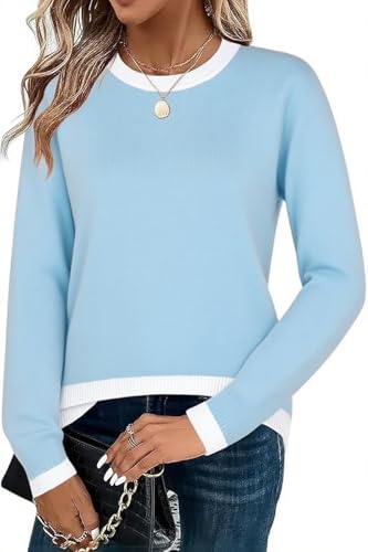 Image of Womens Striped Lightweight Cotton Sweaters Long Sleeve Crew Neck Color Block Casual Knitted Pullover Tops