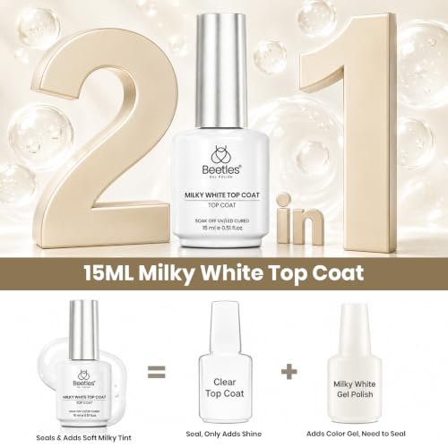 Image of Beetles Milky White Gel Top Coat, 2-in-1 Glossy Top Coat Gel Nail Polish | 15ml No Wipe Top Coat Nail Polish Non Yellowing Milky White Gel Polish Shine Finish and Long Lasting, Soak Off UV Nail Lamp