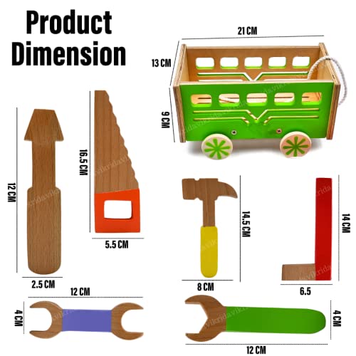 Image of VikriDa Take-Along Tool Kit Wooden Toy (Pretend Play, Sturdy Wooden Construction, Promotes Multiple Development Skills) - 7Pcs Set
