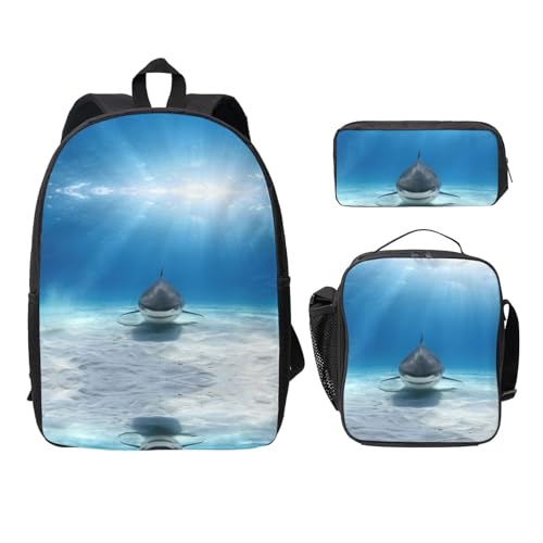 Sac à dos requin tigre 3 pièces avec boîte à déjeuner et trousse école noir