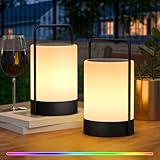 MALUX 2 Pack Solar Tischlampe Outdoor, IP44 Wasserdichte Solarlaterne mit Fernbedienung, 8 Farben RGB + Warmweiß, Kabellose Tragbare Akku Lampe für Garten Balkon Terrasse Camping