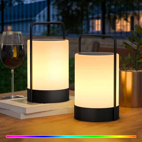 MALUX Lot de 2 lampes de table solaires d'extérieur, lanterne solaire étanche IP44 avec télécommande, 8 couleurs RVB + blanc chaud, lampe portable sans fil...