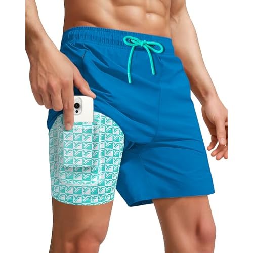 7 Inch Men Swim Trunks with Compression Liner Quick Dry Drawstring Male Swimtrunks for Beach Summer Water Park