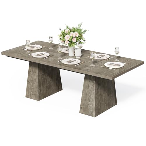 Image of LITTLE TREE Dining Table for 6 People, Wooden Table, Rectangle Furniture with Heavy Duty Legs, Modern Kitchen Table for Home, Dining Room, Grey