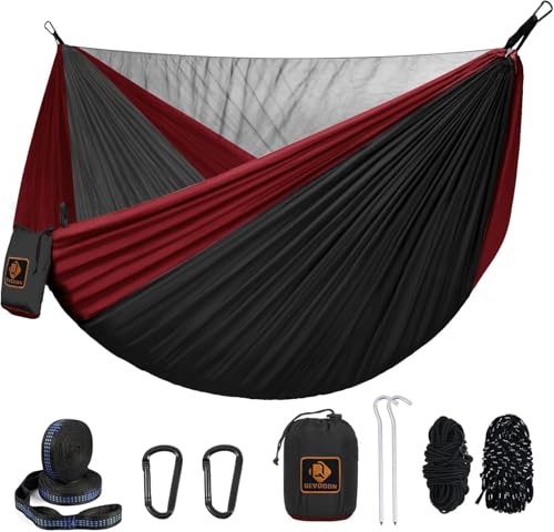 Camping Hammock with Mosquito Net,Lightweight 210T Nylon Hammocks,Portable Hammock with 10ft Tree Straps,Camping Gear Must Haves for Travel Hiking Backpacking Beach Patio-Black&Red
