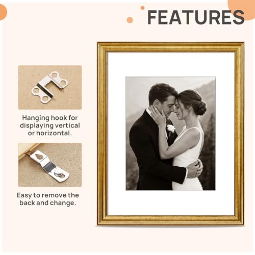 Image of upsimples Vintage 11x14 Picture Frame, Antique Gold Frame Displays 8x10 with Mat or 11 x 14 Without for Vertical or Horizontal Wall Decor, 1pack | Fit 8x10 and 11 x 14 Photo, Wall or Tabletop Display, Antique-style Decoration, Rustic Farmhouse Decor, For Weddings