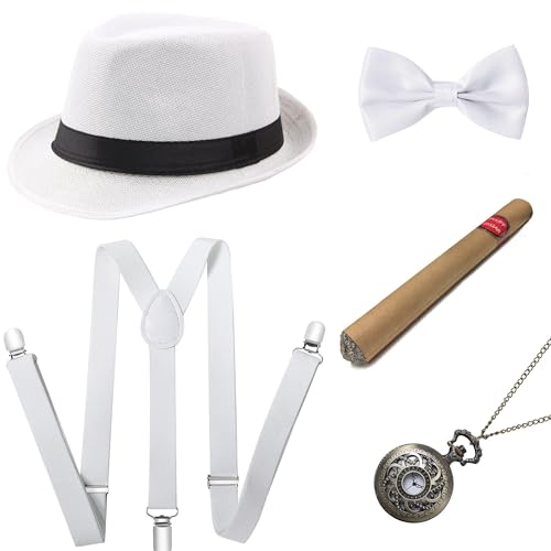 Image of BABEYOND 1920s Mens Gatsby Gangster Accessories Set Panama Hat Suspender Bow Tie