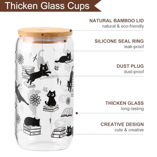 KORHONEN Cute Cat Gifts for Women, Black Cat Book Lover Gifts Glass Cup Tumbler with Lids and Straw, Bookish Present Coffee Cup for Women Girls Friends Bookworm Thanksgiving Christmas Birthday, 16oz — view 4