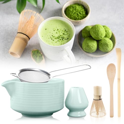 Juego de té matcha de 6 piezas, juego de té matcha con escoba matcha, cuenco de cerámica para matcha con boquilla, escoba de bambú matcha, soporte para escoba de cerámica, cuchara de matcha, filtro de