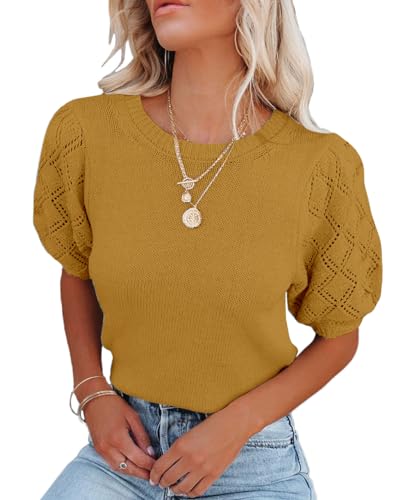 Image of Womens Short Sleeve Sweaters Crewneck Knit Pullover Tops 2025 Summer Casual Lightweight Crochet Blouse Shirt