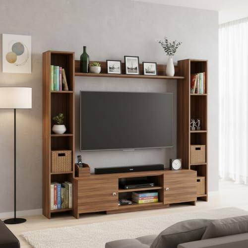 Image of FURNEASER Decoria Wooden TV Cabinet Unit with Side Bookshelf & Storage | Modern Entertainment Center for Living Room | TV Stand for Up to 43-50 Inch TV (Exotic Teak)