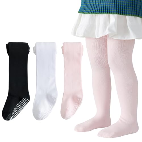 Image of Marchare Baby Girls Tights Thick Cotton Solid Leggings 12-24 months Winter Warm Stockings With Non Slip Grips Black/White/Pink